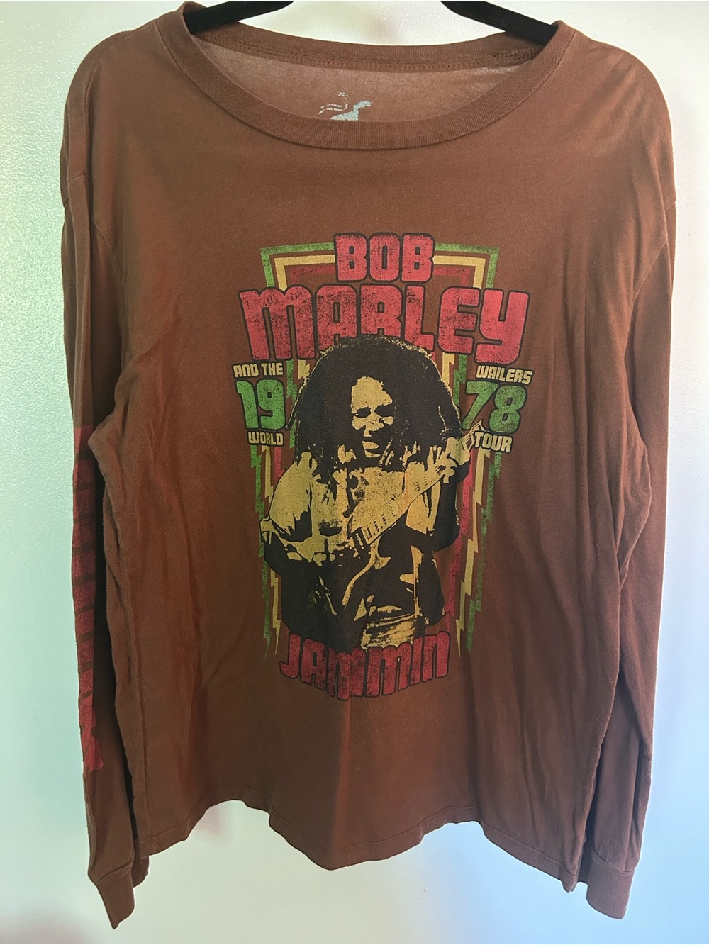 Zion Rootswear Brown Bob Marley Long Sleeve Tee with Multicolor Graphic